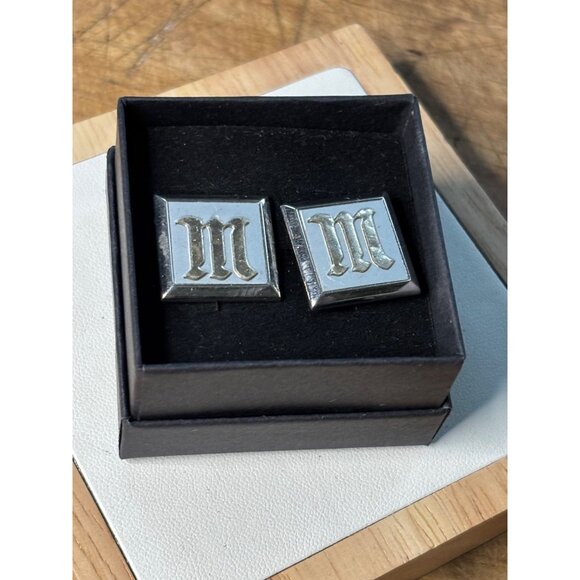 Silver Square Initial M Cufflinks With Gold Lettering - Elegant Mens Accessory - Picture 9 of 9